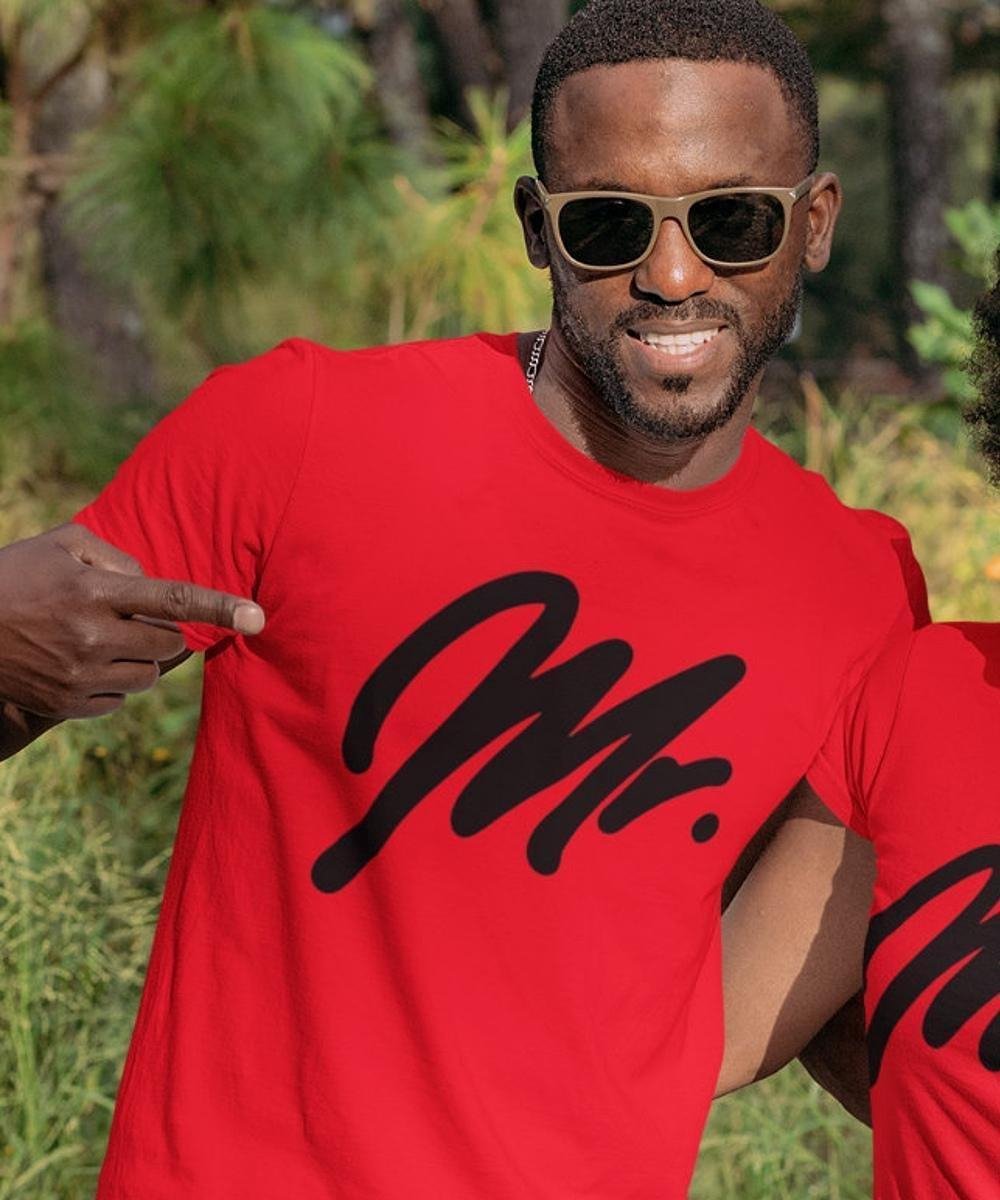 Mr & Mrs T-Shirt Premium Red Black (Mr - Maat 3XL) | Koppel Cadeau | Valentijn Cadeautje voor hem & haar
